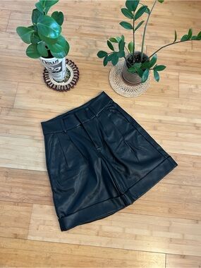 Black Faux Leather Pleated Shorts